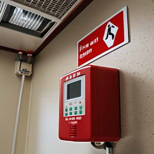 **

Interior of a building with a fire alarm system. Smoke detector on the ceiling, a fire alarm control panel on the wall, and sprinkler heads visible. Focus on clarity and detail of the equipment. Add Japanese text relevant to fire safety signage.

**