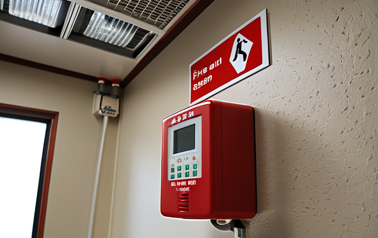 **

Interior of a building with a fire alarm system. Smoke detector on the ceiling, a fire alarm control panel on the wall, and sprinkler heads visible. Focus on clarity and detail of the equipment. Add Japanese text relevant to fire safety signage.

**