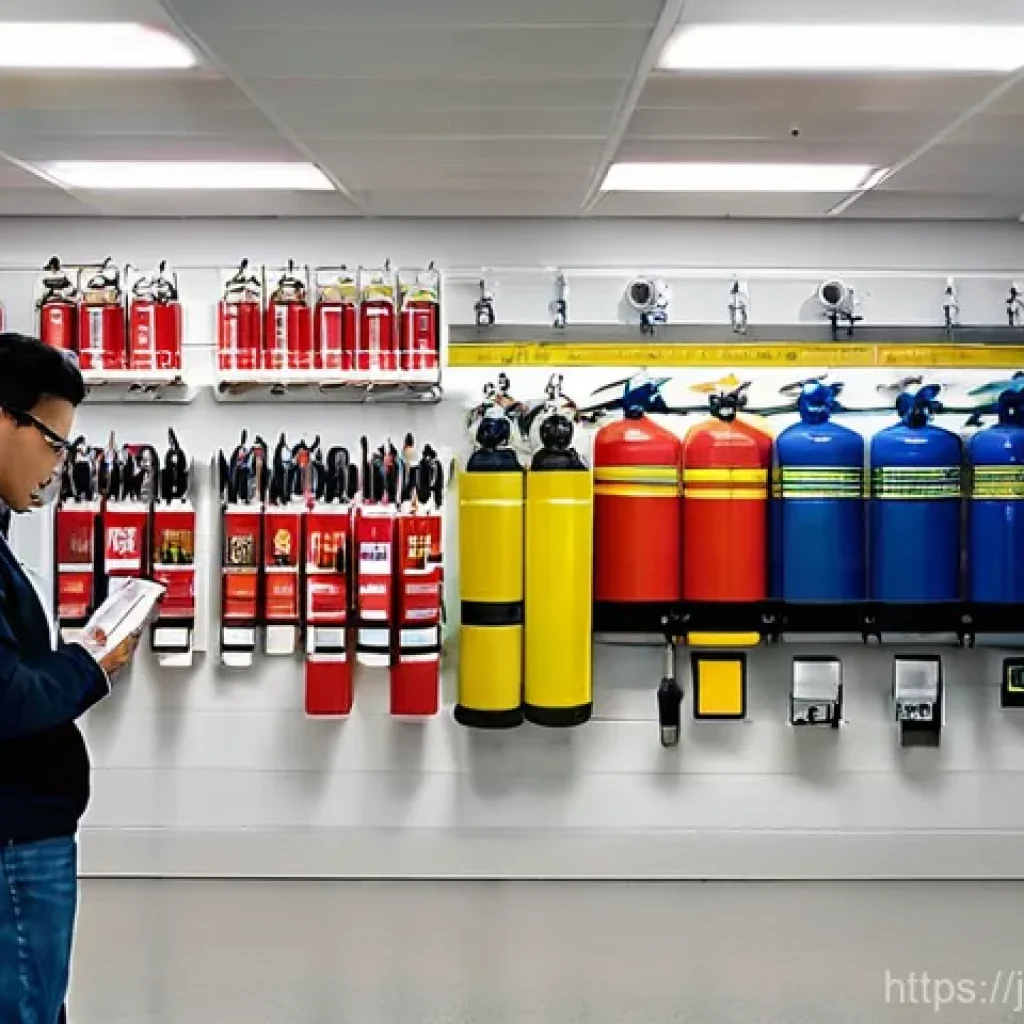 소방설비기사 실기시험에서 자주 틀리는 문제 - **Prompt 1: Observing Firefighting Equipment Details** "A bright, well-lit shot of a modern buil...