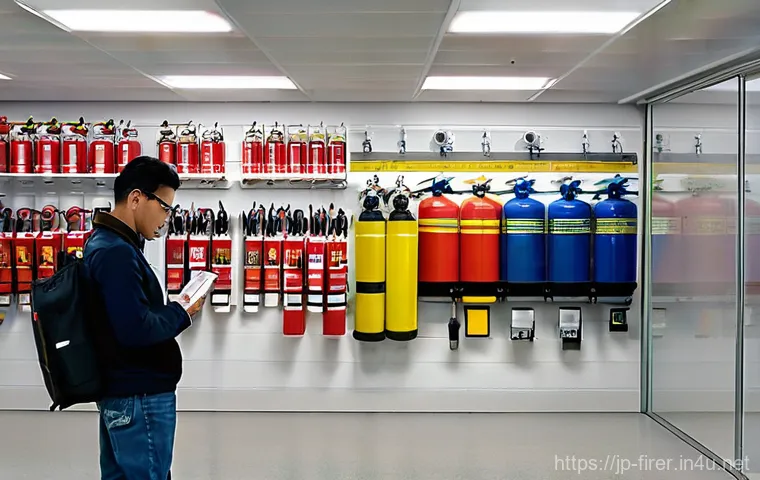 소방설비기사 실기시험에서 자주 틀리는 문제 - **Prompt 1: Observing Firefighting Equipment Details** "A bright, well-lit shot of a modern buil...