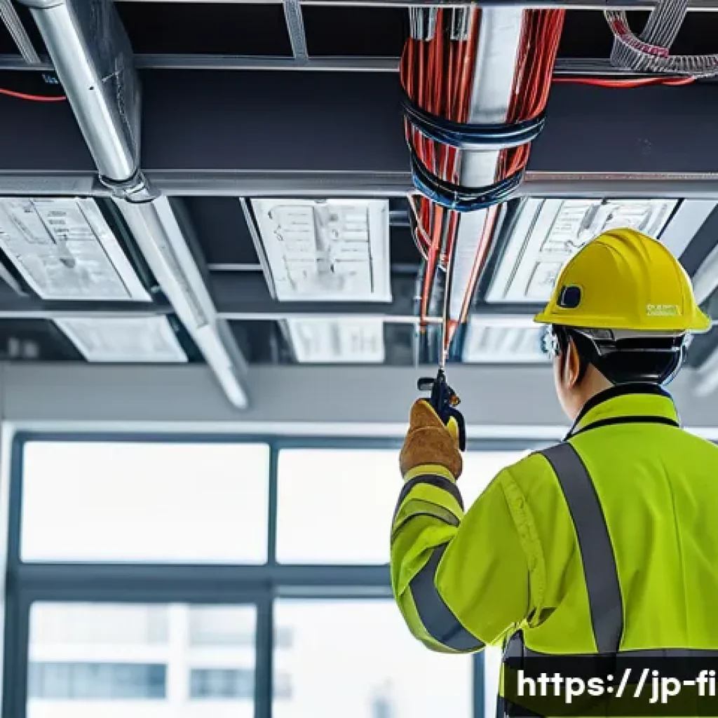 소방설비기사와 화재보험의 관계 - A professional Japanese fire safety technician inspecting a complex sprinkler system in a modern off...