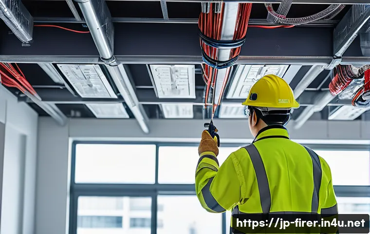 소방설비기사와 화재보험의 관계 - A professional Japanese fire safety technician inspecting a complex sprinkler system in a modern off...