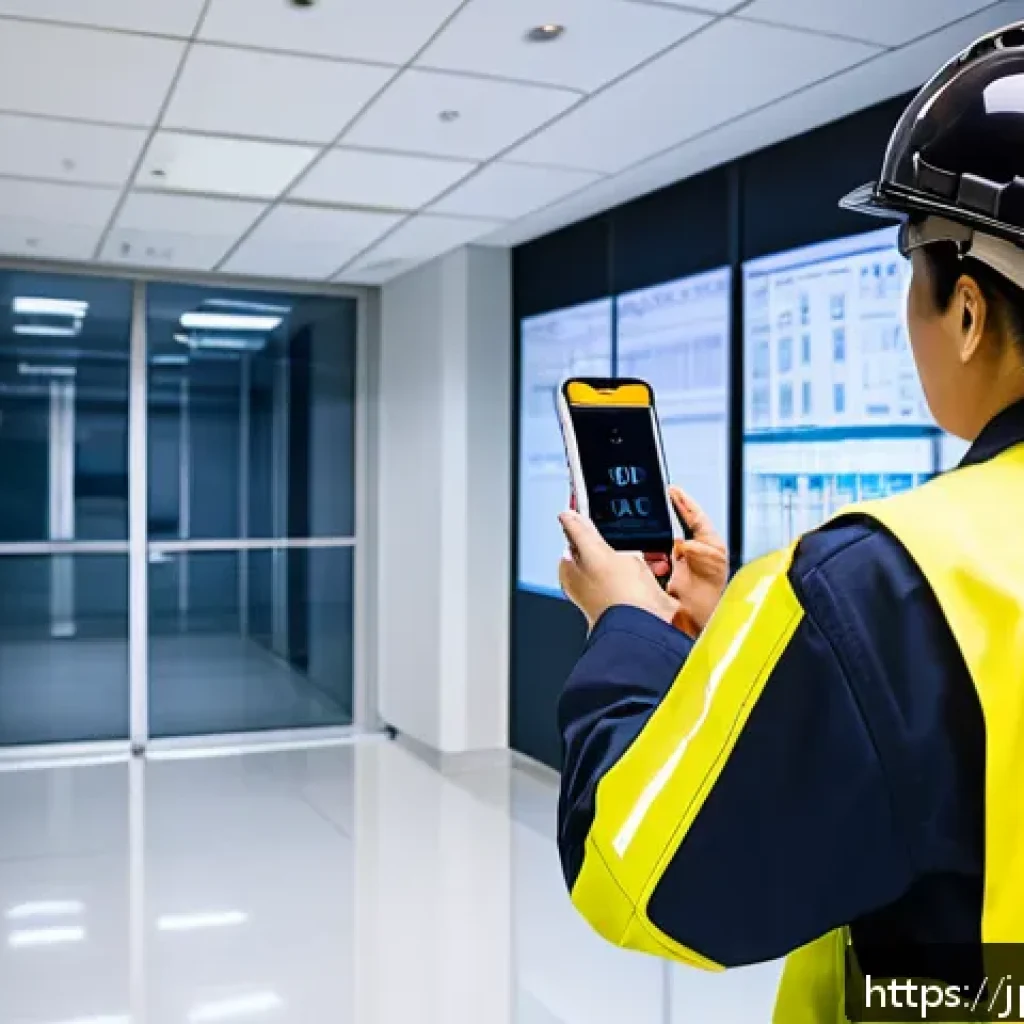 소방설비기사 실무에서의 효율적인 장비 사용 - A modern Japanese office building interior showcasing a professional fire safety inspector using a s...