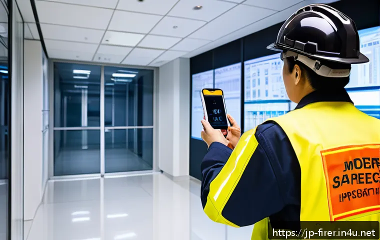 소방설비기사 실무에서의 효율적인 장비 사용 - A modern Japanese office building interior showcasing a professional fire safety inspector using a s...