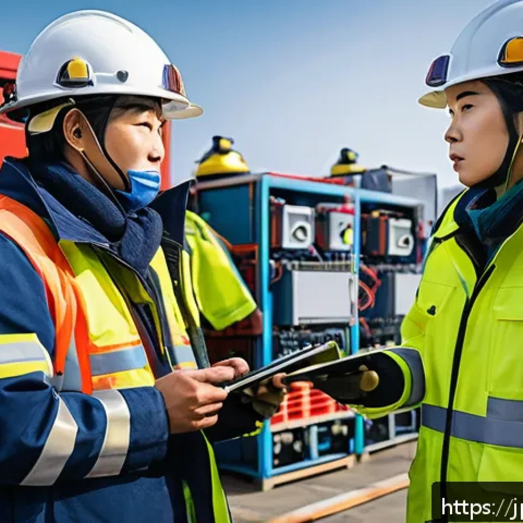 소방설비기사의 팀워크 향상법 - A diverse Japanese firefighting equipment maintenance team in modern uniforms with safety helmets, a...