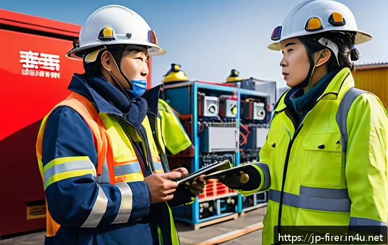소방설비기사의 팀워크 향상법 - A diverse Japanese firefighting equipment maintenance team in modern uniforms with safety helmets, a...