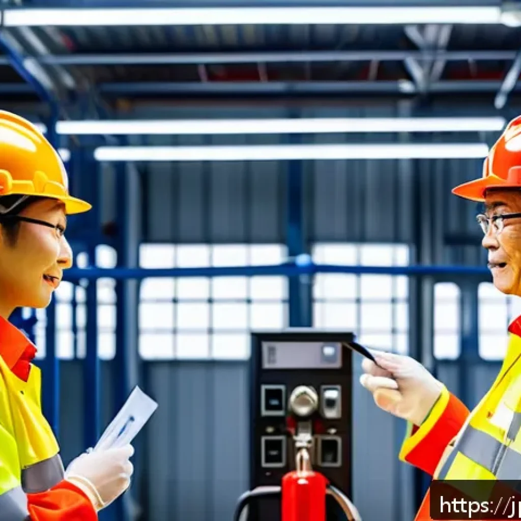 소방설비기사 현장에서의 리더십 - A professional Japanese fire safety team in modern work uniforms conducting a detailed equipment ins...