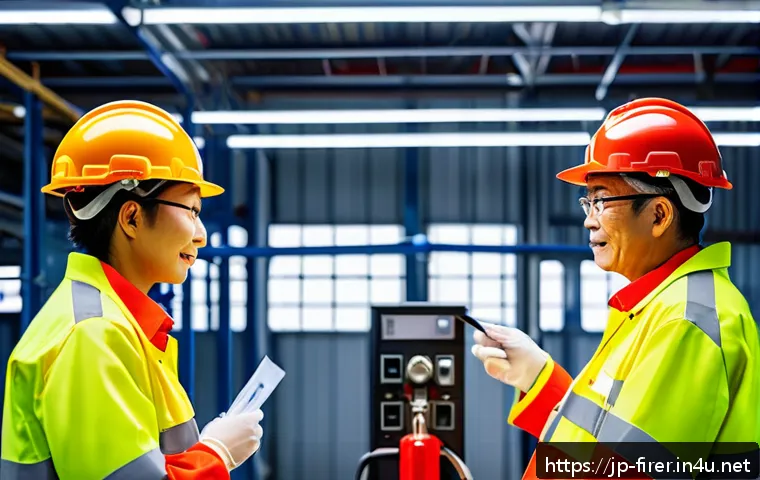 소방설비기사 현장에서의 리더십 - A professional Japanese fire safety team in modern work uniforms conducting a detailed equipment ins...