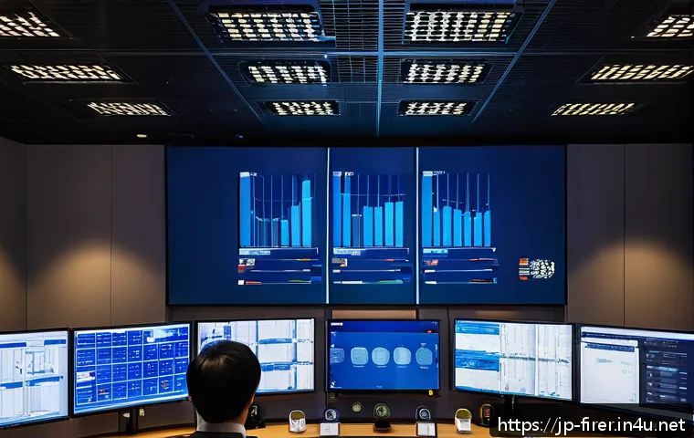 소방설비기사와 스마트 빌딩 시스템 - A modern Japanese smart building control room with multiple large digital screens displaying real-ti...