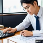 소방설비기사 시험 접수 절차 - A professional Japanese office worker preparing documents for a licensing exam application, sitting ...