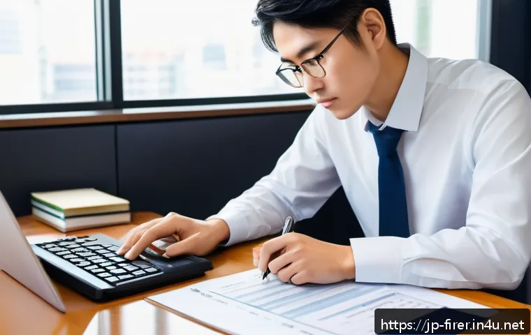 소방설비기사 시험 접수 절차 - A professional Japanese office worker preparing documents for a licensing exam application, sitting ...