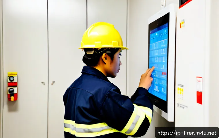 소방설비기사와 자동화 기술 - Photorealistic Japanese fire protection engineer in a clean modern building control room, wearing st...
