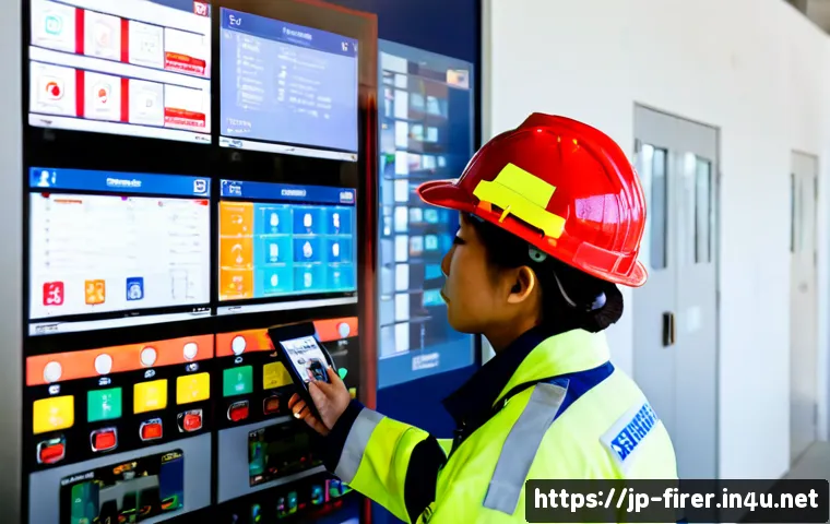 소방설비기사와 IT 기술 활용 사례 - Photorealistic Japanese fire protection engineer in clean safety uniform inspecting a modern buildin...